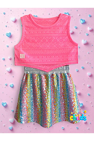 childs Bottom Top Double Summer Girls' Suit Crop Devore Top Leopard Pattern Printed Shiny Skirt