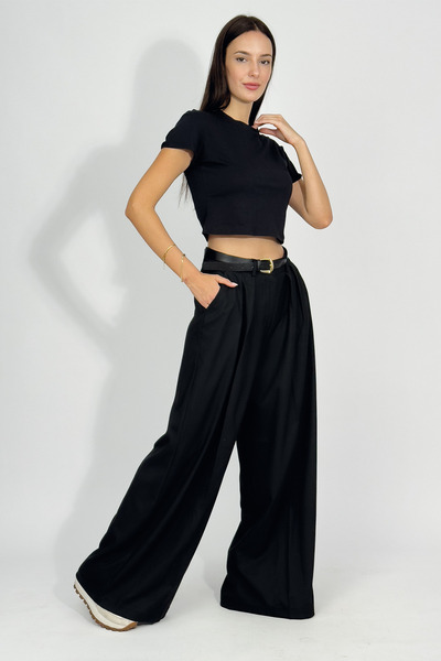 Betimoda Kadın Pilili Cepli Kemerli Palazzo Pantolon Siyah