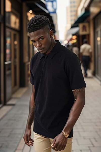 Balenbi Μαύρο ανδρικό μπλουζάκι με φερμουάρ Polo Neck - Κανονική εφαρμογή