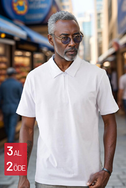 Balenbi Біла чоловіча футболка з коміром-поло та застібкою-блискавкою - прямий крій