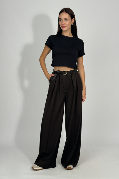 Betimoda Kadın Pilili Cepli Kemerli Palazzo Pantolon Kahverengi