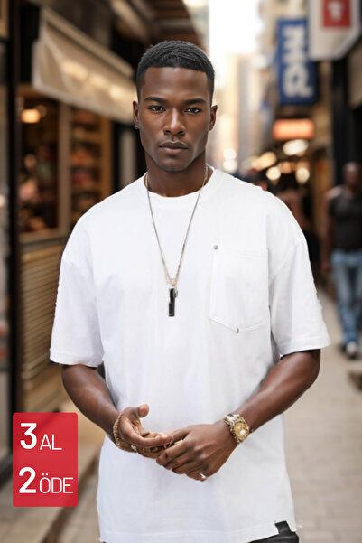 Balenbi Чоловіча біла футболка оверсайз - з круглим вирізом, з кишенями