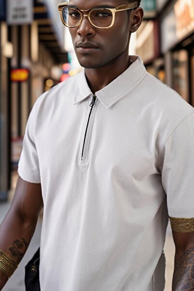 Balenbi Ανδρικό μπλουζάκι με γκρι γιακά Polo με φερμουάρ - Regular Fit