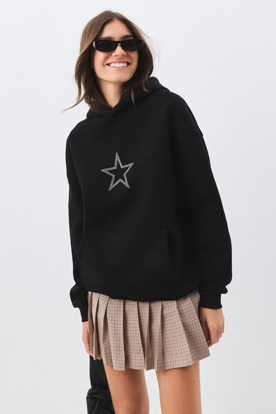 Trendiz Unisex Star Stroke Taş Baskılı Sweatshirt Siyah