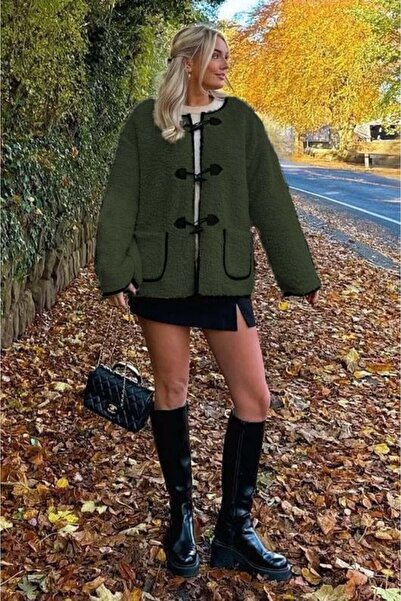 Madmext Khaki Buttoned Plush Women's Coat Mg2531