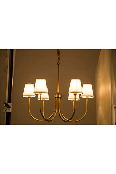 Fico Home Modern Avize Eskitme Gold 6 lı Krem Abajur Tasarım Avize
