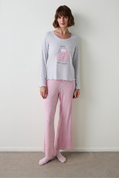 Penti Light Gray Melange Not Today Printed U-Neck Long Sleeve Pajama Top