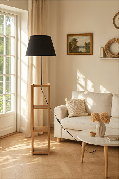 HOMİNG Dekoratif Raflı Siyah Konik Kumaş Lambader Ayd-3153