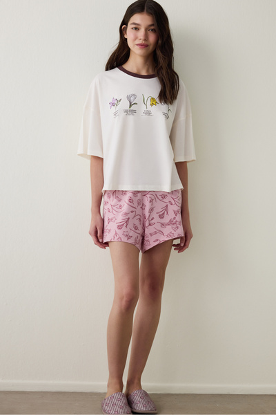 Penti Ecru Steppe Tulip Flower Printed Organic Cotton Crew Neck Short Sleeve Shorts Pajama Set - Inspi