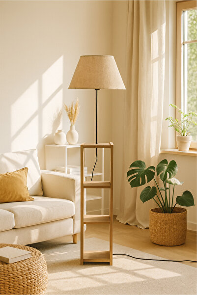 HOMİNG Dekoratif Raflı Krem Konik Kumaş Lambader Ayd-3152