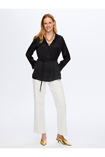 Faik Sönmez Beli Kuşaklı Kapüşonlu Krinkıl Saten Tunik W26TNK016