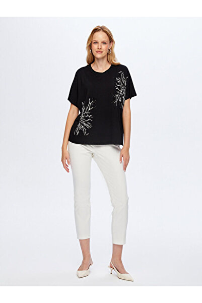 Faik Sönmez Boncuk Nakış Ve Baskılı Yuvarlak Yaka Düşük Kol T-Shırt W26TSH069