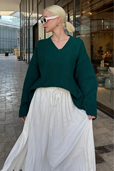 Madmext Petrol Green V-Neck Knitwear Women's Sweater Mg2501