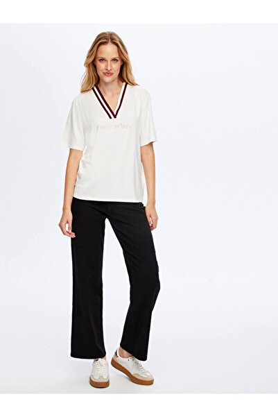 Faik Sönmez Colorful Knitwear Collared Slogan T-Shirt W26Tsh055