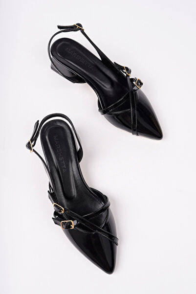 MARSHETTA حذاء Leiria Model بإبزيم مفصل من الجلد الأسود اللامع مفتوح من الخلف...