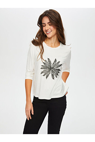 Faik Sönmez Floral Lace Appliqued Round Neck T-Shirt on Front S25Tsh087