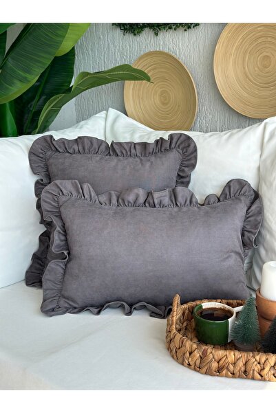 Decamor home Vintage Ruffled Anthracite Smoked Gray Throw Pillow Cover 1 Piece