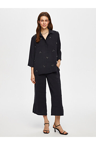 Faik Sönmez Yarım Patlı Taş Detaylı 3/4 Kol Modallı Bluz S25BLZ013