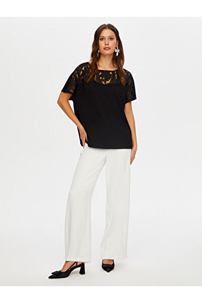 Faik Sönmez Payetli Dantel Garnili Kayık Yaka Kısa Kol Örme Bluz W26BLZ027