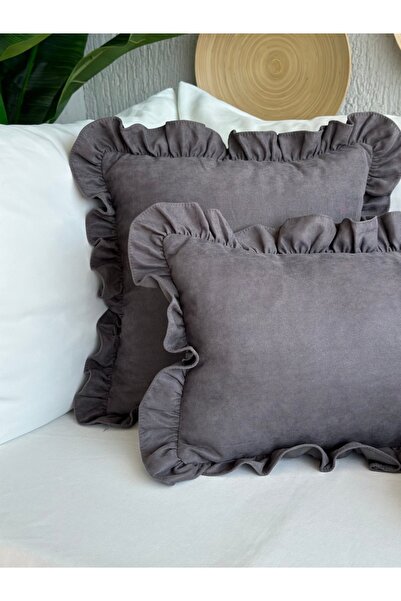 Decamor home Vintage Ruffled Anthracite Smoked Gray Throw Pillow Cover 1 Piece