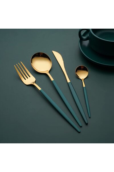 awwaline 24-Piece Portuguese Style Cutlery Set, Awwaline, Gold/Green, Stainless Steel