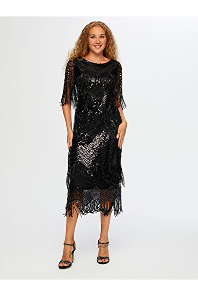 Faik Sönmez Saçaklı Payetli Uzun Abiye Elbise W26ABY003