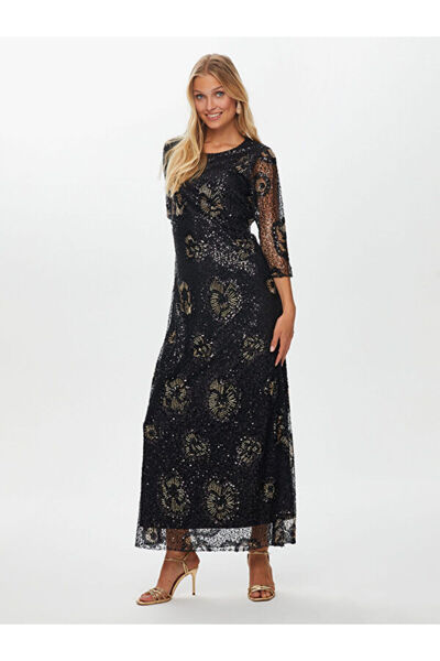 Faik Sönmez Çiçek Desen İşlemeli Yarım Kol Abiye Elbise W26ABY002