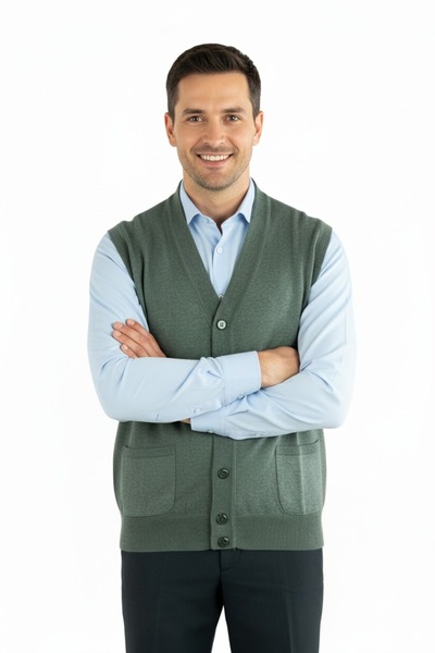 Oppland Men's V-Neck Buttoned Pocket Classic Model Comfortable Cut Full Pattern Woolen Woven Vest