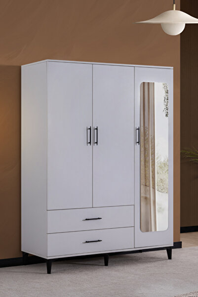 Setay Gardırop, Blesk 3 Kapaklı, Aynalı Çekmeceli Dolap - Beyaz