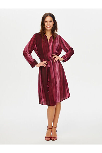 Faik Sönmez Soyut Çizgi Desen Yarım Patlı Uzun Kol Elbise W26ELB020