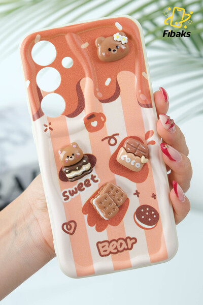 Fibaks حافظة لهاتف سامسونج جالاكسي S24 FE بتصميم منقوش لحماية الكاميرا على شكل دمية دب بسكويت وقهوة من السيليكون