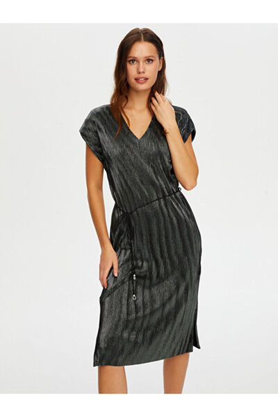 Faik Sönmez V Yaka Gümüş Baskılı Piliseli Abiye Elbise W26ABY015