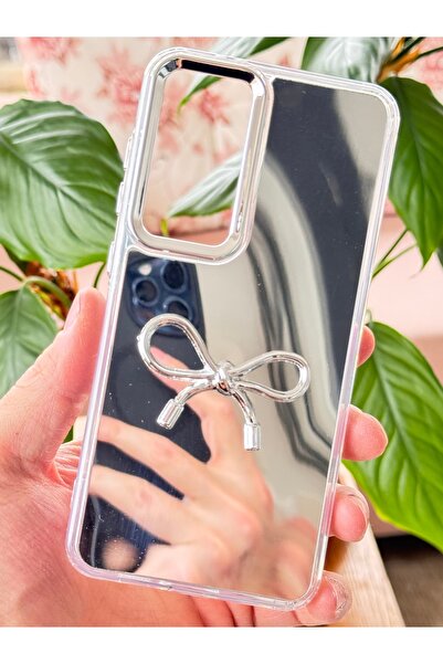 Fibaks Galaxy S24 FE Uyumlu Kılıf Aynalı Gümüş 3D Fiyonk Desenli Darbe Emici Silikon Kapak