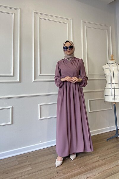 Berel Moda Φόρεμα Crepe Hürrem με λεπτομέρεια δεμένη εσωτερικά και εξωτερικά, χωρίς τσακισμένα, Ferace Dusty Rose