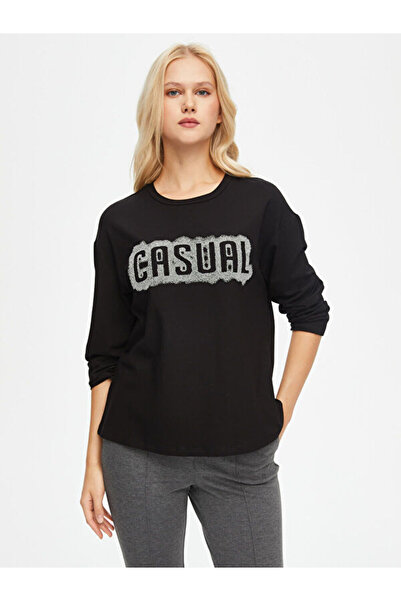 Faik Sönmez Slogan Baskılı Yuvarlak Yaka Uzun Kol Sweatshirt 69580