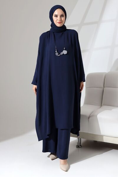 Berel Moda Σετ με λεπτομέρεια με σχισμή με μανίκια κρεμπλέ Aerobin Zühre - Navy Blue