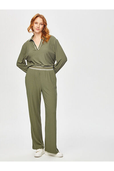 Faik Sönmez Relax Çizgili Ribana Detaylı Wide Leg Örme Pantolon 69767