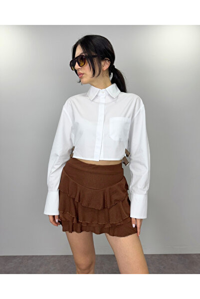 deqfashion Kadın Beyaz Poplin Kemer Detaylı Crop Gömlek