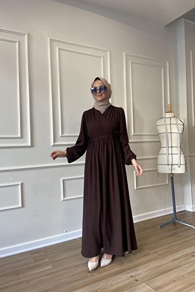 Berel Moda Φόρεμα Crepe Hürrem με λεπτομέρεια δεμένη εσωτερικά και εξωτερικά, χωρίς τσακισμένο, Ferace Bitter Brown