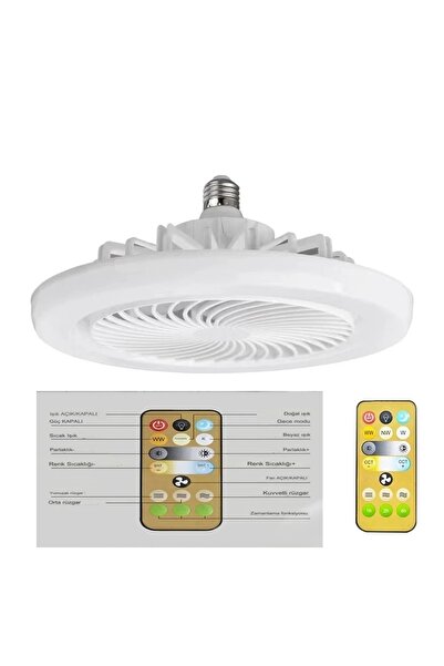 ADAL Vantilatör 3 Kademe Hız Dimlenebilir 3 Renk Led Işıklı Poyraz Kumandalı Sabit Fan Led Ampul 24cm