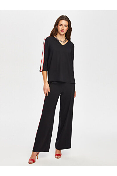 Faik Sönmez Renk Bloklu Zigzag Nakışlı V Yaka 3/4 Kol Bluz 005