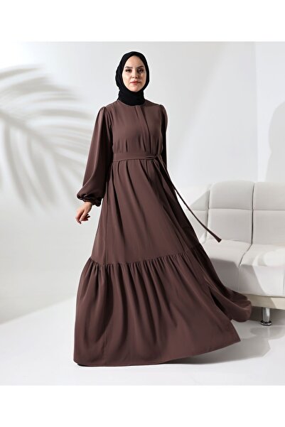 Berel Moda Balon Kol Manşeti Lastikli Eteği Fırfırlı Krep Sevde Ferace Koyu V...