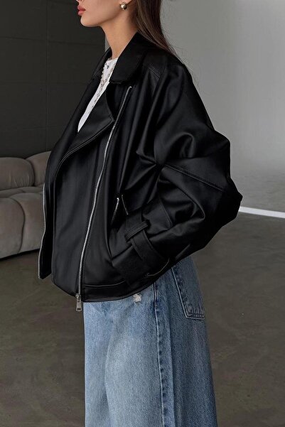 Jaglion Velisse Oversize dámská černá kožená bunda bomber s balonovými rukávy