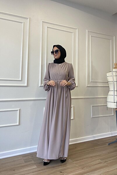 Internal and External Binding Detailed Cast Wrinkle-Free Crepe Hürrem Abaya Beige