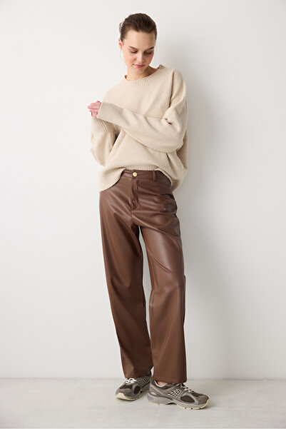 Penti Açık Kahverengi Yüksek Bel Straight Deri Pantolon
