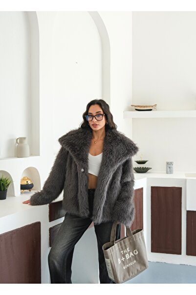 Le Savu SHILSEE ЖІНОЧИЙ ШАЛ З КИШЕНЕЮ НА КОМИРІ, ЗАСТІБКА-ЗАМОК, ДИМЧАТИЙ СІРИЙ ХУТРОВИЙ ПАЛЬТО