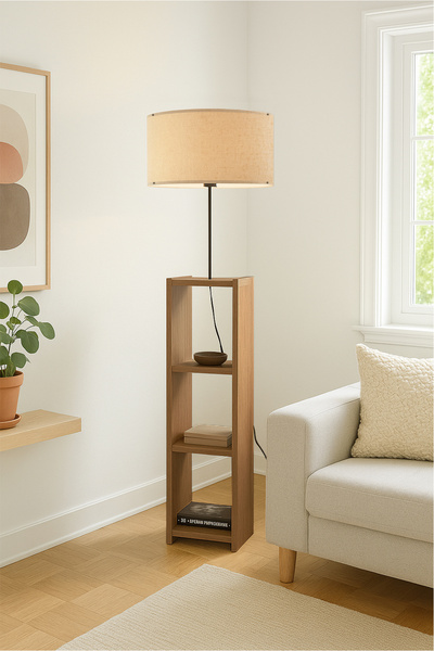 HOMİNG Dekoratif Ahşap Raflı Kitaplık Lambader Krem Kırçıllı Şapka Ayd-2559