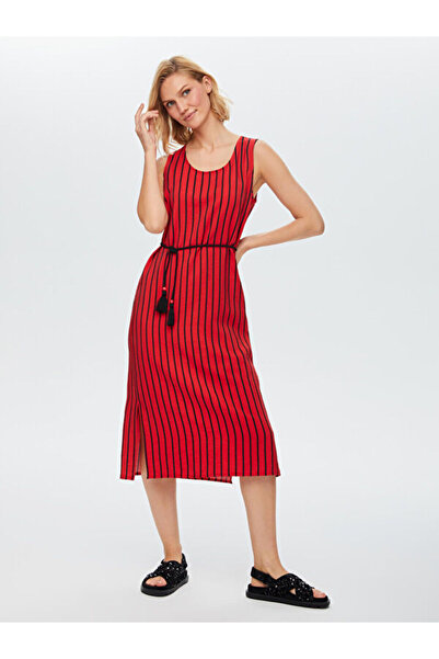 Faik Sönmez Resort Püskül Kuşaklı Kolsuz Çizgili Elbise 68767