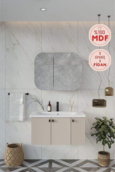 BALNEOM Nergis 80 cm %100 Mdf Lavabolu Banyo Dolabı + Ayna