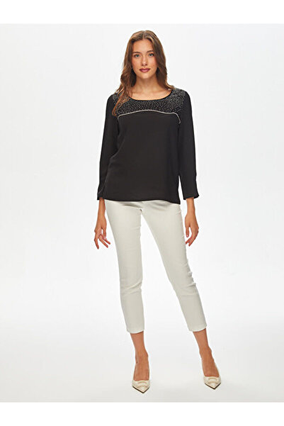 Faik Sönmez Taş Ve Zincir Detaylı Yuvarlak Yaka Uzun Kol Bluz 69145